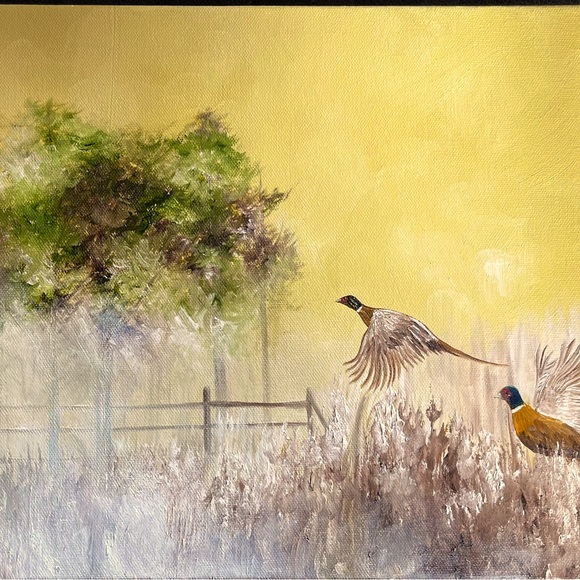 Pheasants in the foggy morning